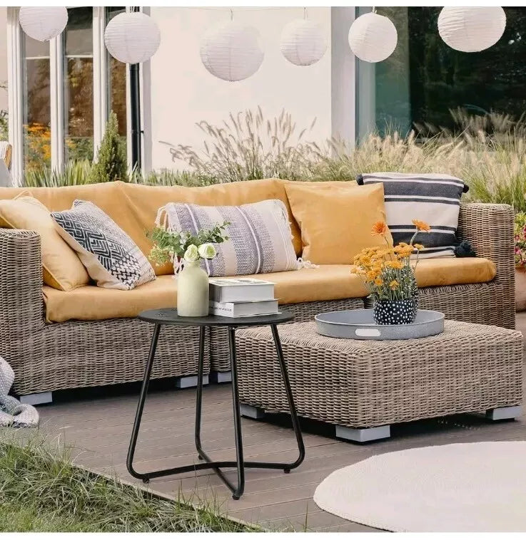 Black Round Weather Resistant Steel Patio Side Table with Flower Cut Outs