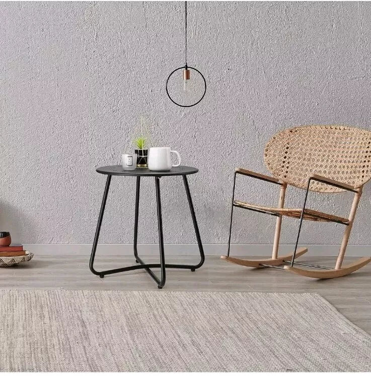 Black Round Weather Resistant Steel Patio Side Table with Flower Cut Outs
