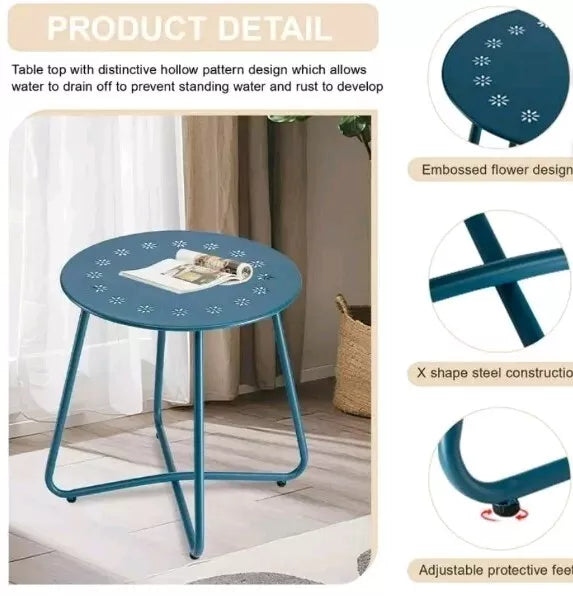 Blue Round Weather Resistant Steel Patio Side Table with Flower Cut Outs