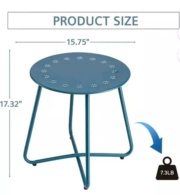 Blue Round Weather Resistant Steel Patio Side Table with Flower Cut Outs