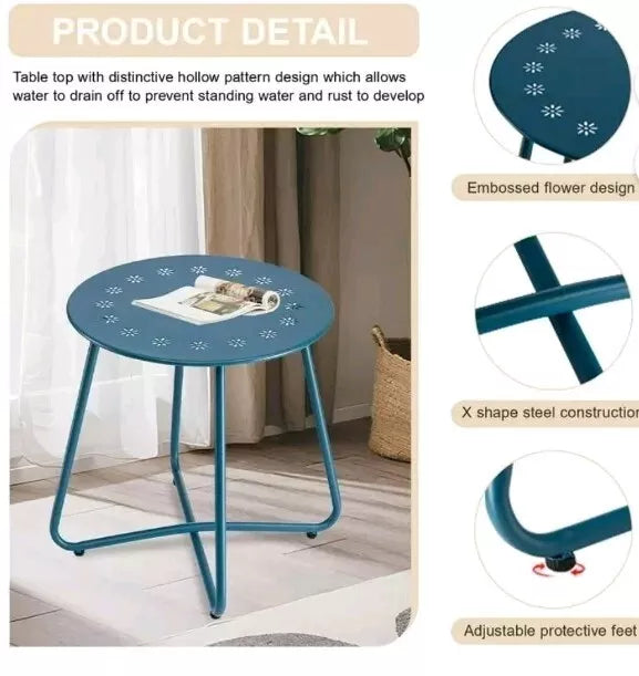 Blue Round Weather Resistant Steel Patio Side Table with Flower Cut Outs