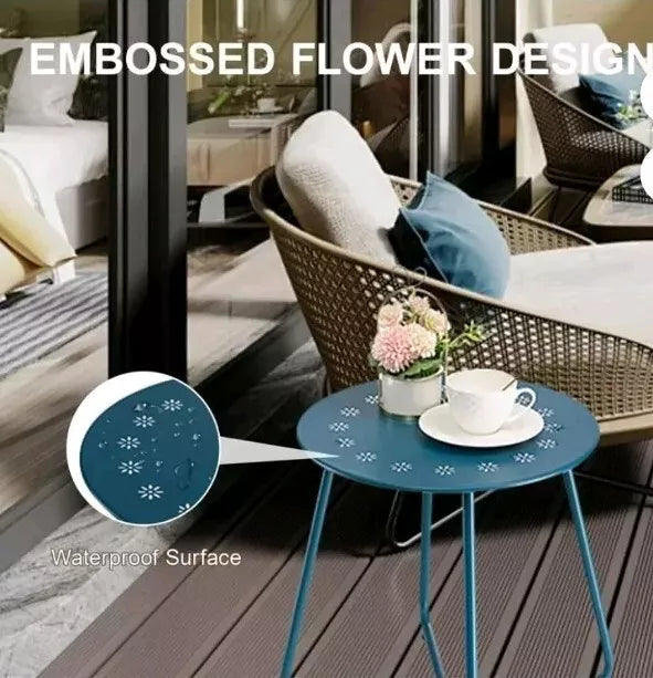Blue Round Weather Resistant Steel Patio Side Table with Flower Cut Outs