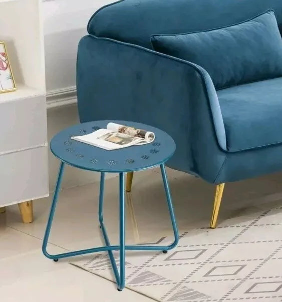 Blue Round Weather Resistant Steel Patio Side Table with Flower Cut Outs