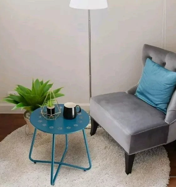 Blue Round Weather Resistant Steel Patio Side Table with Flower Cut Outs
