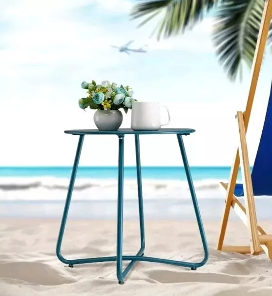 Blue Round Weather Resistant Steel Patio Side Table with Flower Cut Outs